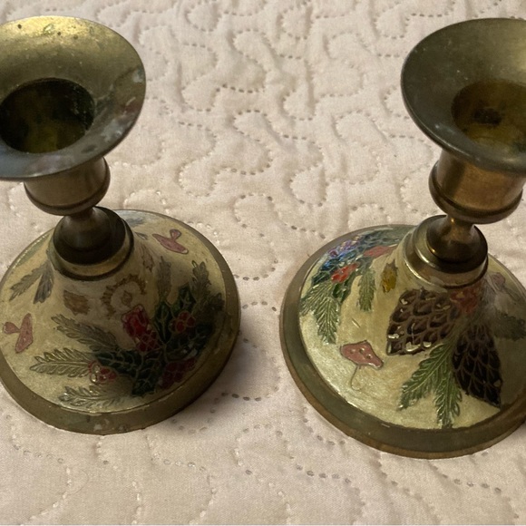 Vintage Christmas Scene Cloisonné Enamel Christmas Brass Candle Holders Set - Picture 4 of 4